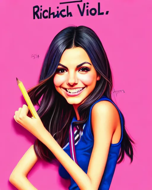 Prompt: richly detailed color  illustration of Victoria Justice as a prep highschool student surrounded by beautiful cursive writing, large format image. illustrated by Artgerm and Mina Petrovic and Timothy Kong and Marina Federovna. 3D shadowing.