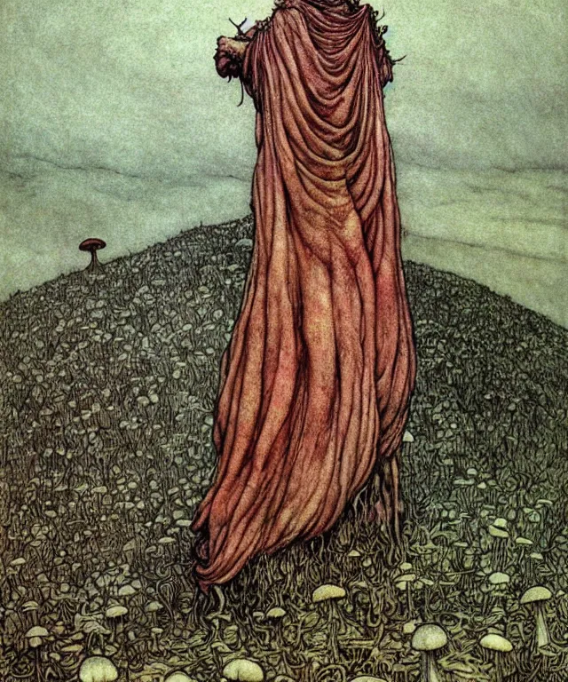 Prompt: A detailed funguswoman stands among the mushroom hills. Wearing a ripped mantle, robe. Perfect faces, extremely high details, realistic, fantasy art, solo, masterpiece, art by Arthur Rackham, Zdzisław Beksiński