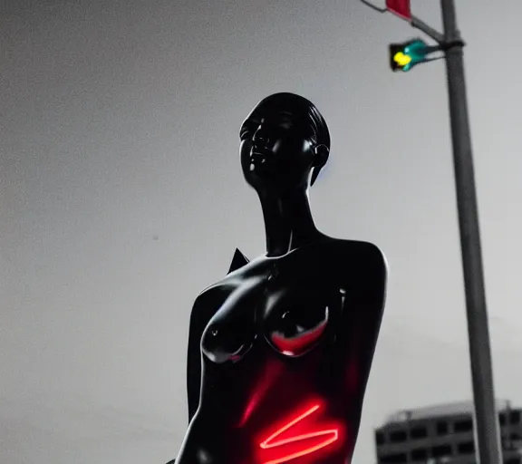 Image similar to night time photo of billboard advertisement of extremely beautiful female black marble statue in the style of virgil abloh, colorful motocross logos behind her, sharp focus, clear, detailed,, cinematic, detailed, off white, glamourous, symmetrical, vogue, editorial, fashion, magazine shoot, glossy