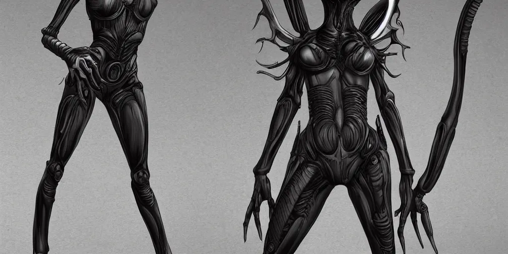 Prompt: futuristic slim female bunny girl, xenomorph clothing, style of h. g. giger