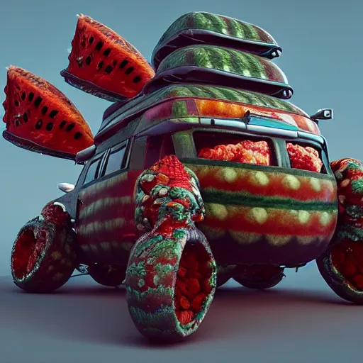 Prompt: Very very very very highly detailed sci-fi Watermelon vehicle. Photorealistic Concept 3D digital art rendered in Highly Octane Render in style of Hiromasa Ogura Gost in the shell, less Watermelon more vehicle, epic dimensional light