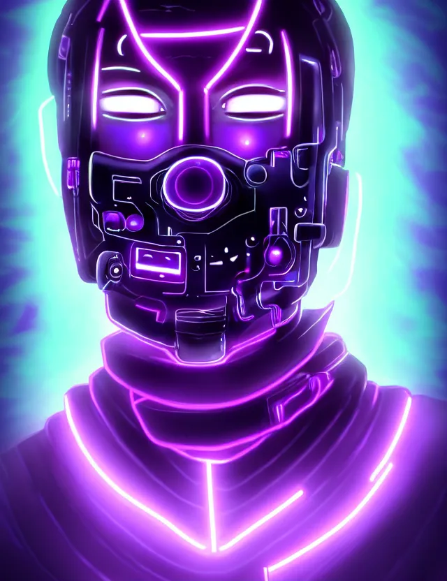 Image similar to a detailed manga portrait of a black haired man with a cybernetic body and face mask with glowing neon purple lights, trending on artstation, digital art, 4 k resolution, detailed, high quality, sharp focus, hq artwork, coherent, insane detail, character portrait