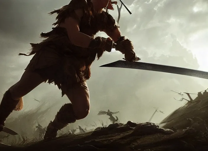 Prompt: dramatic cinematic artwork close up of Kevin De Bruyne as a warrior wielding a sword, fighting in a battle by Greg Rutkowski, 4k, masterpiece, sun rays