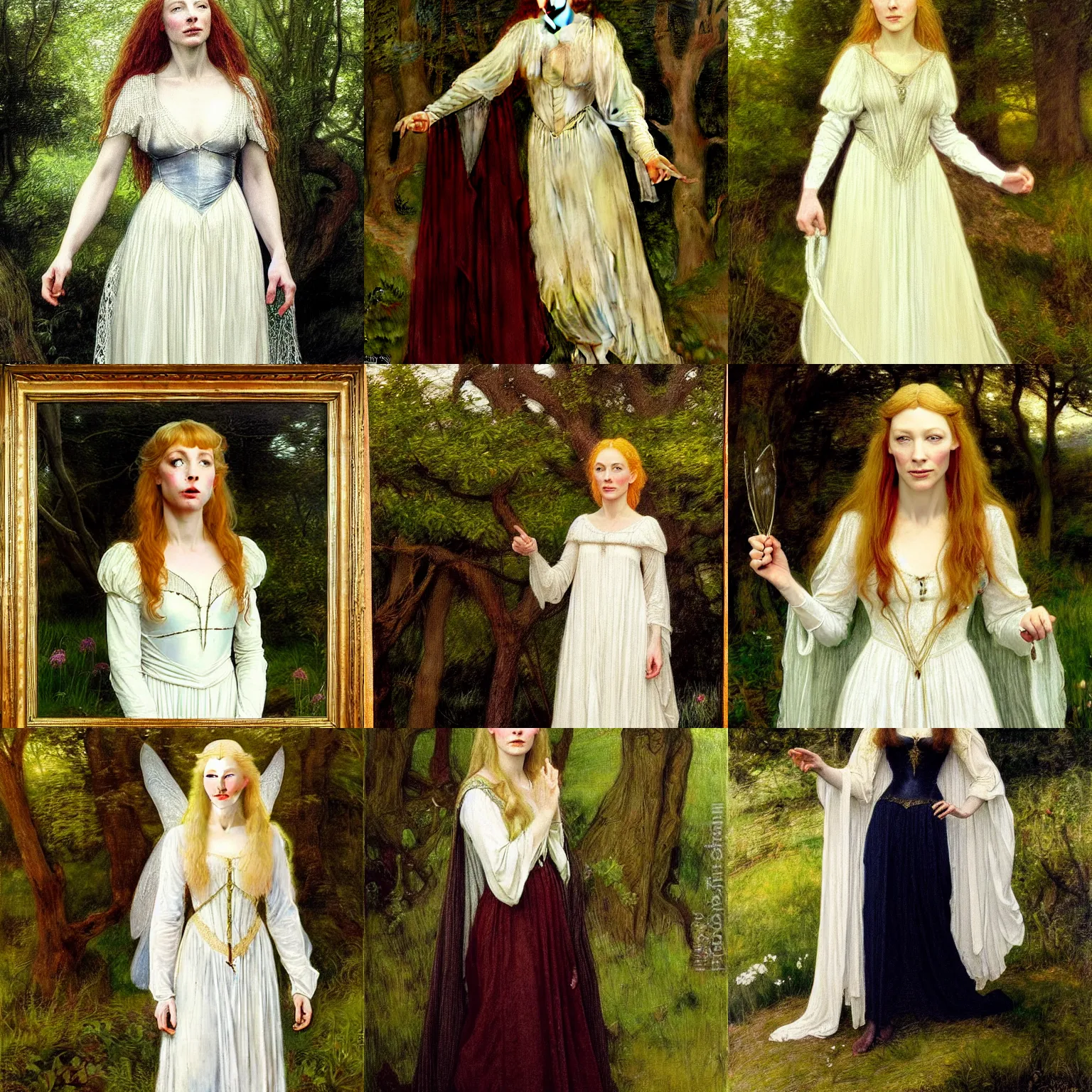 Image similar to a full length portrait of mischievous, dangerous young, Galadriel! (young Cate Blanchett), dressed in a lacy, (((white))) dress. Pre-Raphaelite oil painting, inspired by Henry Meynell Rheam: The Fairy Wood