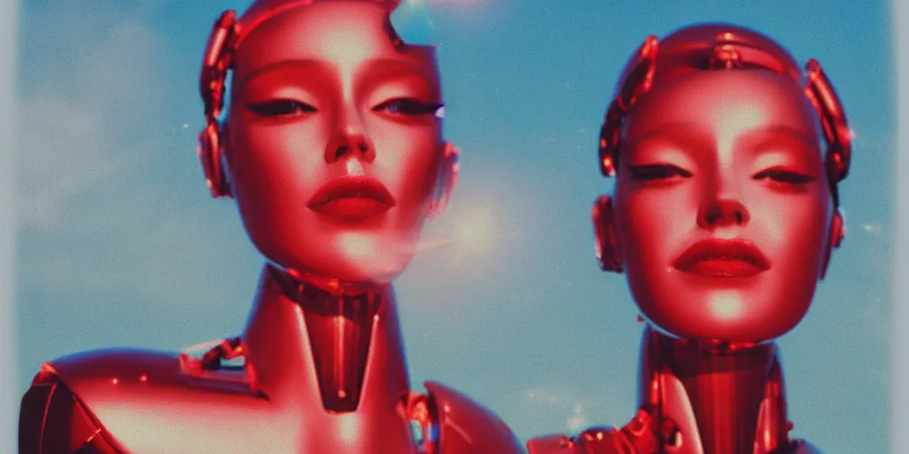 Prompt: analog polaroid portrait of an attractive chrome female robot looking at the camera, beautiful, red lipstick, Hajime Sorayama, sheen, red reflections, unreal engine, azure sky, big clouds visible, sunlight, reflection, sparkles, lensflare, film grain, depth of field, color bleed