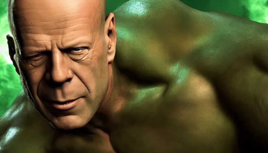 Image similar to bruce willis is hulk, hyperdetailed, artstation, cgsociety, 8 k