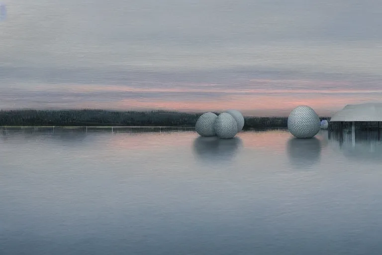 Image similar to a building composed of many multi - white spherical egg - shaped spaces. on the calm lake, people's perspective modern curved architecture, future, award winning, highly detailed 4 k art, dusk, by kazuyo sejima