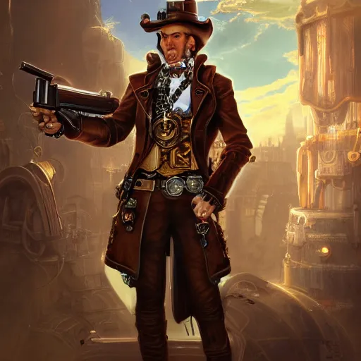 Prompt: full-length portrait of a noble gunslinger male in hat in the center, holding arms on holsters , steampunk spaceship on background, by tyler edlin and lindsey look, victorian, concept art, steam romance, steam-punk, detailed, 4k resolution, trending on artstation