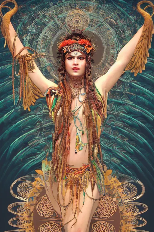 Image similar to an immaculate render of a dancing tribal goddess adorned with leaves and cables and bird wings, dancing in a temple surrounded by wild tentacles made from mandalas and incense smoke, full body, perfect face, powerful, cinematic, beautifully lit, by artgerm, by alphonse mucha, by android jones, 3 d, trending on artstation, octane render, 8 k