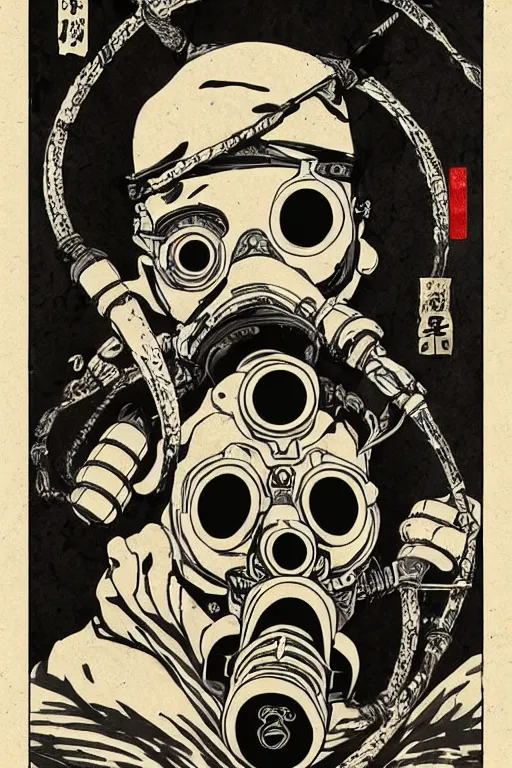 Prompt: Gas mask in Ukiyo-e style, haunting + insanely detailed and intricate, movie poster style, Trending on artstation, artstationHD, artstationHQ, 4k, 8k