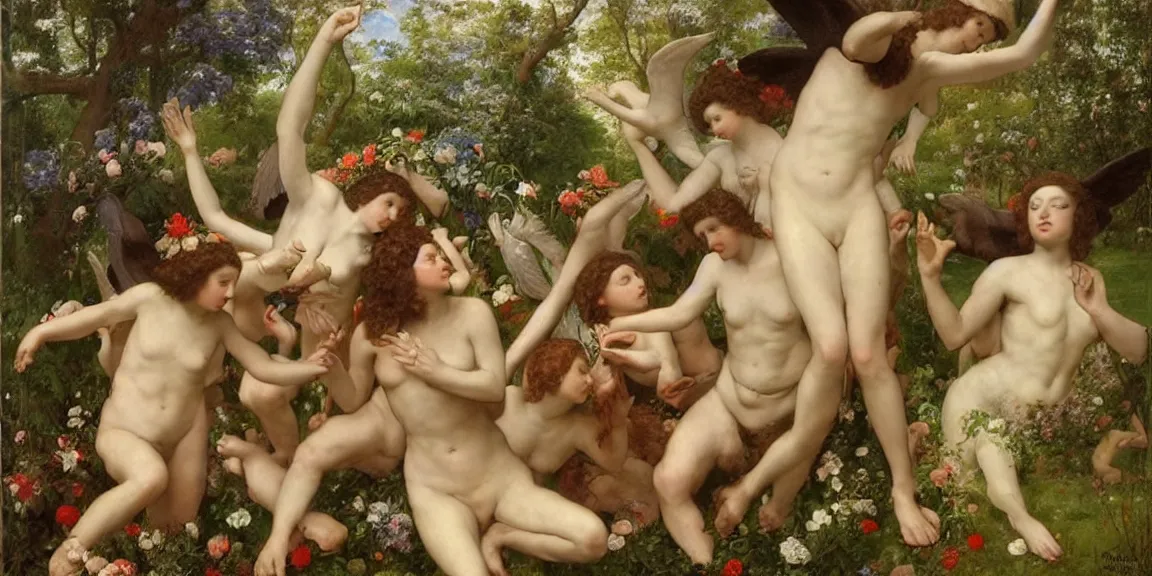 Prompt: garden of angels, surreal, epic, lush, fantasy art, renaissance art, classical art, by hugo simberg, by ilya repin, by gustave courbet, by luis ricardo falero