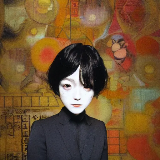 Image similar to yoshitaka amano blurred and dreamy realistic three quarter angle portrait of a young woman with short hair and black eyes wearing office suit with tie, junji ito abstract patterns in the background, satoshi kon anime, noisy film grain effect, highly detailed, renaissance oil painting, weird portrait angle, blurred lost edges