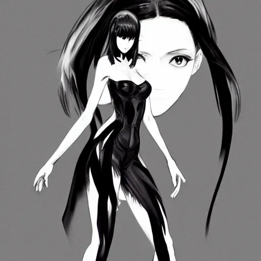 Image similar to slim beautiful killer girl in tuxedo with black wavy bob hair, elegant, 2d, ultra highly detailed, digital painting, smooth, sharp focus, artstation, black and white art by Tsutomu Nihei