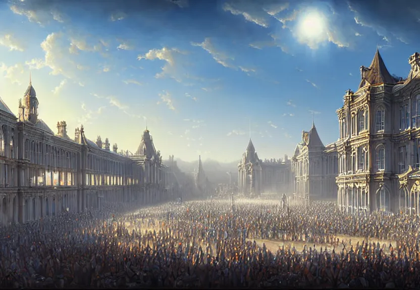 Image similar to a grand victorian parade ground, blue sky, sunny, detailed, volumetric, cinematic lighting, realistic, digital art by greg rukowski