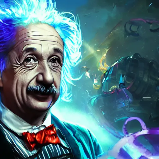 Image similar to portrait of albert einstein as willy wonka, league of legends amazing splashscreen artwork, gears of war, splash art, natural light, elegant, photorealistic facial features, intricate, fantasy, detailed face, atmospheric lighting, anamorphic lens flare, cinematic lighting, league of legends splash art, hd wallpaper, ultra high details by greg rutkowski