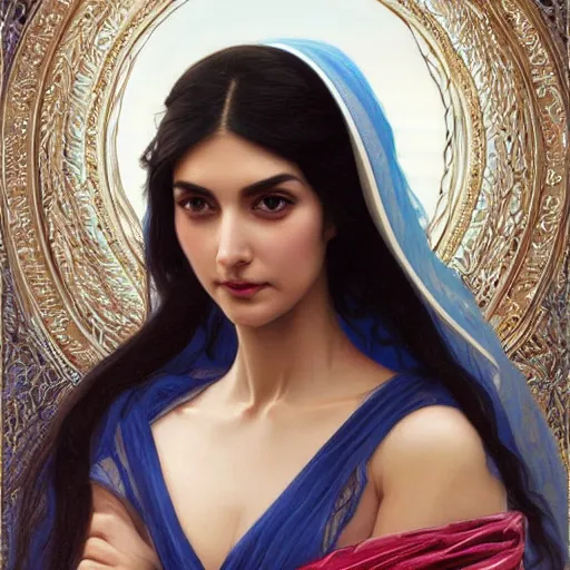 Prompt: ameera al taweel, bright blue eyes, long wavy black hair, white veil, front , highly detailed, digital painting, artstation, concept art, smooth, sharp focus, illustration, ArtStation, art by artgerm and greg rutkowski and alphonse mucha and J. C. Leyendecker and Edmund Blair Leighton