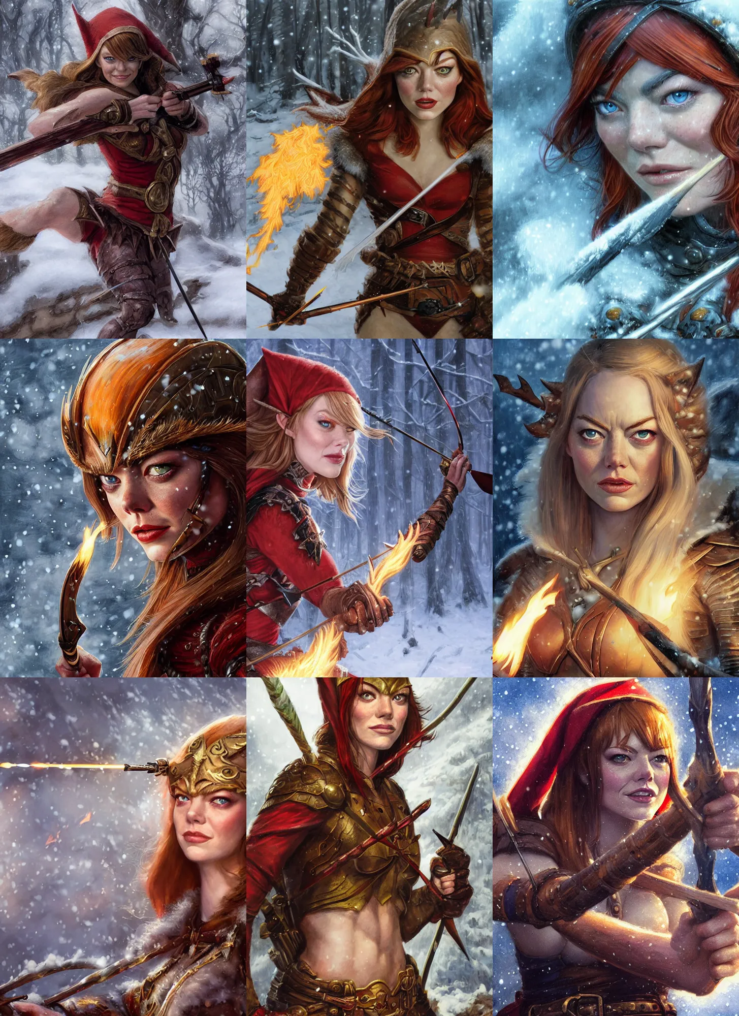 Prompt: close-up face portrait of Emma Stone as a muscled warrior elf shooting a flaming arrow with her huntsmen bow, snowy winter scene, Donato Giancola, Mark Brooks, Ralph Horsley, Charlie Bowater, Artgerm, Christopher Balaskas, Bastien Lecouffe-Deharme, Boris Vallejo