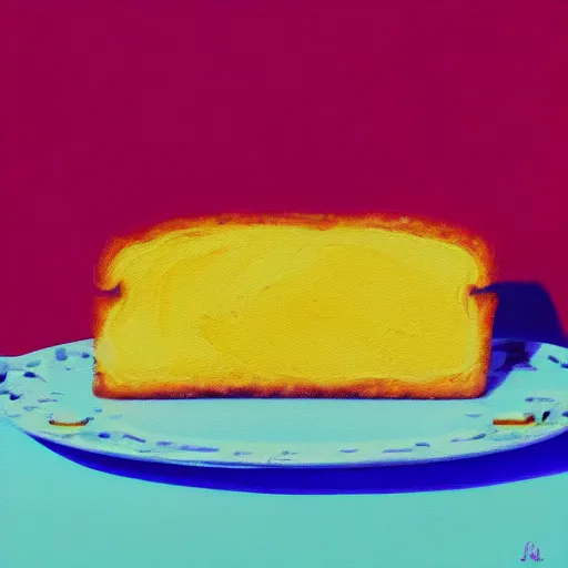 Prompt: a painting of a perfect yellow piece of toast wearing eye shadow and pink lipstick, on a pink background. vibrant, digital art.