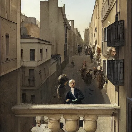 Prompt: vfx, daring by kitty lange kielland. a experimental art of a group of people on a balcony, looking down at a street scene below. the experimental art is set in the rue des petits augustins, a street in paris's left bank district.