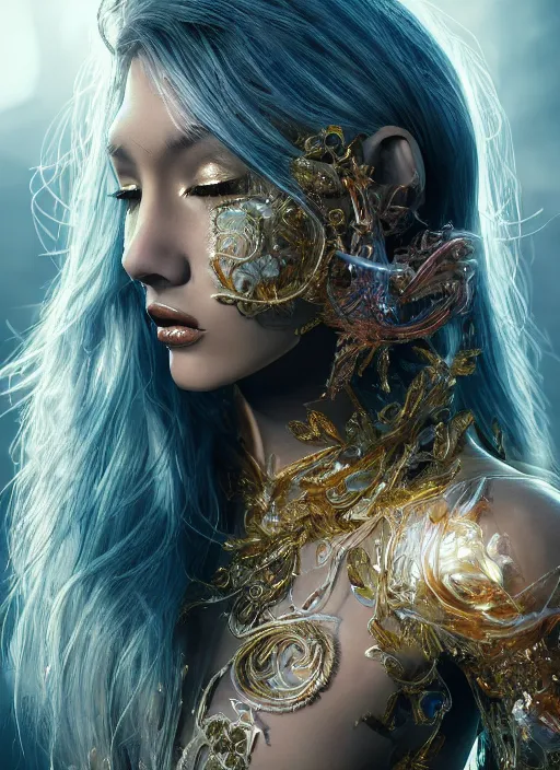Prompt: beauteous practical sumptuous tattood beautiful face, crystal, gold, copper, bronze biomechanical with incredible iridescent pearlescent voluminous neon hair, crystalline masterpiece incrustations, hyperdetailed face, elegant pose, movie still, intricate, octane render, cinematic forest lighting, unreal engine, crepuscular rays, god rays