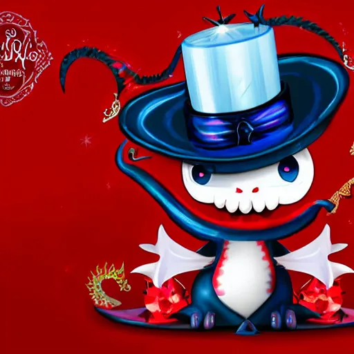 Image similar to Adorable sparkling, shiny crimson baby dragon with cute crystal clear blue eyes wearing a black top hat and a monocle