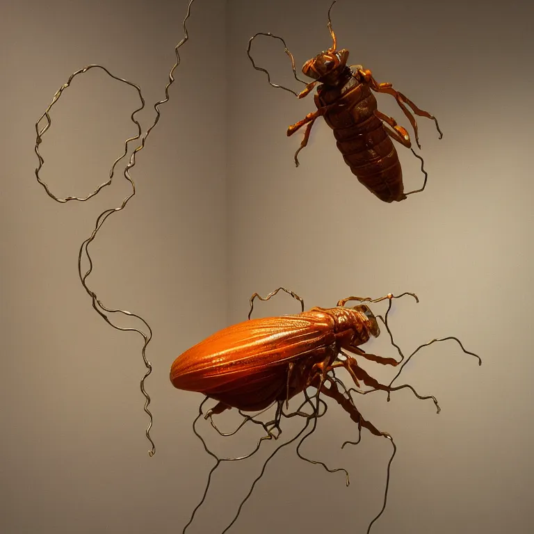 Image similar to hyperrealistic sculpture of a bronze fossilized cicada moth in a large cage made of orange nylon wire and beeswax on a pedestal by ron mueck and duane hanson and lee bontecou, hyperrealistic dramatic colored lighting trending on artstation 8 k