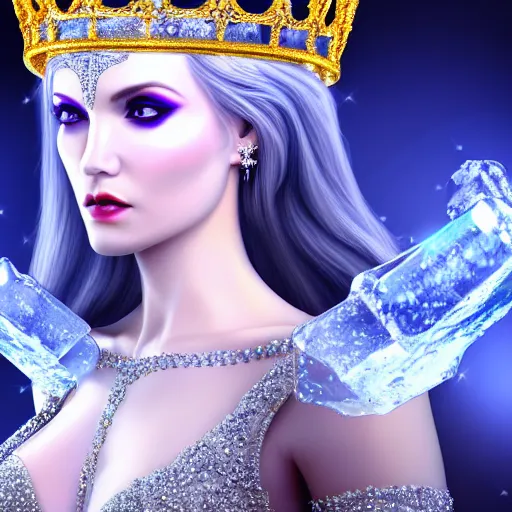 Prompt: beautiful ice queen with ornate crown and robes highly detailed, 4k, HDR, smooth, sharp focus, hyper realistic, high resolution