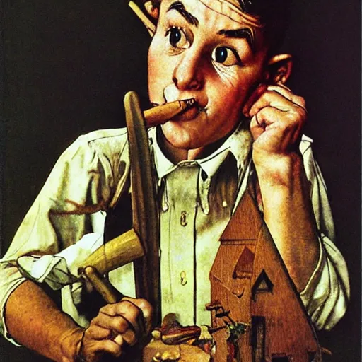 Prompt: pinocchio face with long nose piante di by norman rockwell