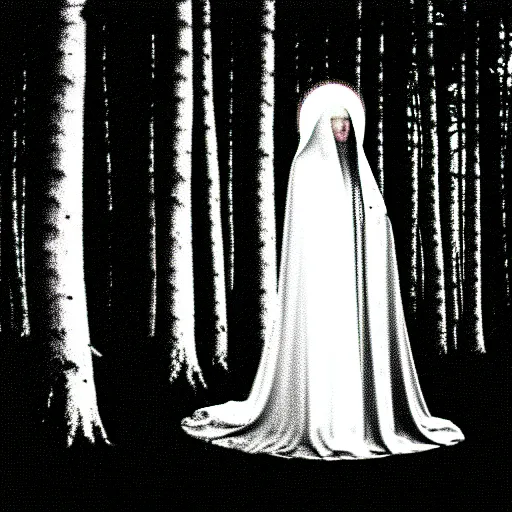 Image similar to marian apparition in forest, high contrast, found footage, vhs, 1 9 9 0, beautiful, highly realistic, highly detailed, vhs noise static, black and white, vhs glitch