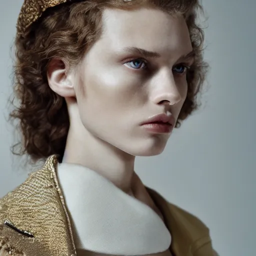 Prompt: close up of face of female fashion model, baroque style, beige colors, official jil sander editorial, highly detailed