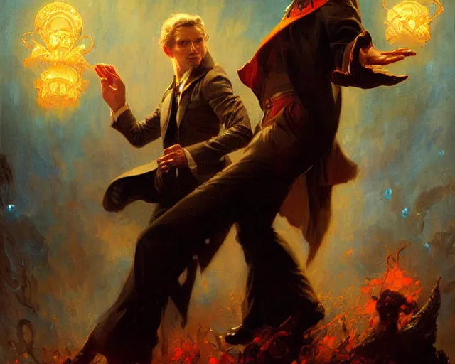 Image similar to attractive magician man, casting dark magic, summoning handsome demon. highly detailed painting by gaston bussiere, craig mullins, j. c. leyendecker 8 k