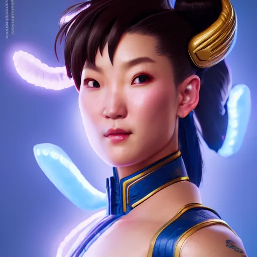 Image similar to portrait of chun li, au naturel, hyper detailed, digital art, trending in artstation, cinematic lighting, studio quality, smooth render, unreal engine 5 rendered, octane rendered, art style by klimt and nixeu and ian sprigger and wlop and krenz cushart.