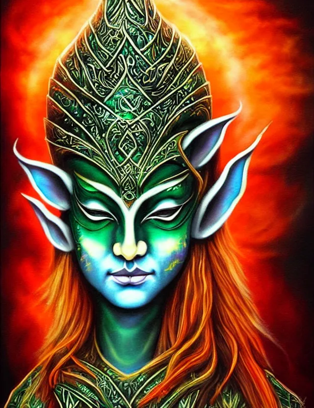 Prompt: elven masked deity. this air brush painting by an indie artist has an interesting color scheme, plenty of details and impeccable lighting.
