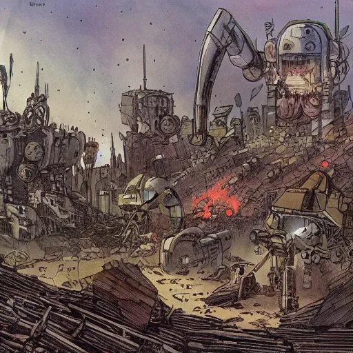 Image similar to robot civil war has destroyed robot city on planet robot, by john baptiste monge, muted colors