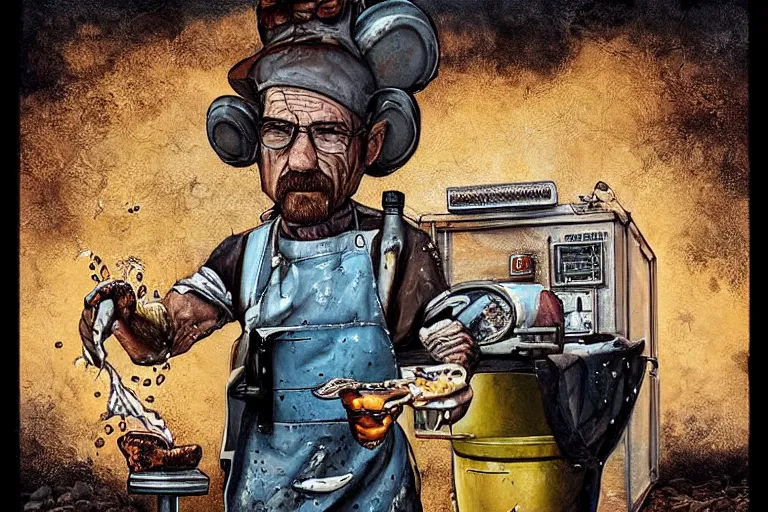 Image similar to a highly detailed portrait of walter white making pizza! in the desert, steaming hot sun in the sky, holding a blowtorch and a pizza peel, intense heat, post - apocalyptic vibe, full body, wide angle, an ultrafine detailed painting by joe fenton, trending on deviantart, pop surrealism, whimsical, lowbrow, perfect symmetrical face, sharp focus, octane, masterpiece