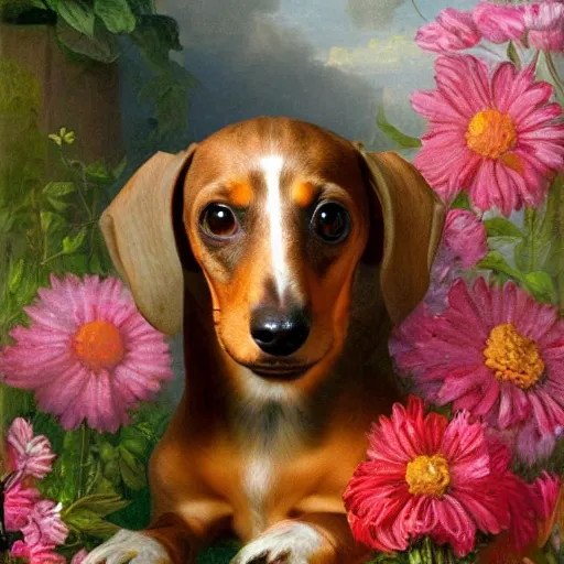 Image similar to Dachshund dog sitting in flowers, highly detailed photo in the style of Franz Xaver Winterhalter and Aetherpunk