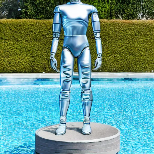 Image similar to a realistic detailed photo of a guy who is an attractive humanoid who is half robot and half humanoid, who is a male android, soccer player martin ødegaard, shiny skin, posing like a statue, blank stare, by the pool, on display, showing off his muscles, humanoid robot, frozen ice statue