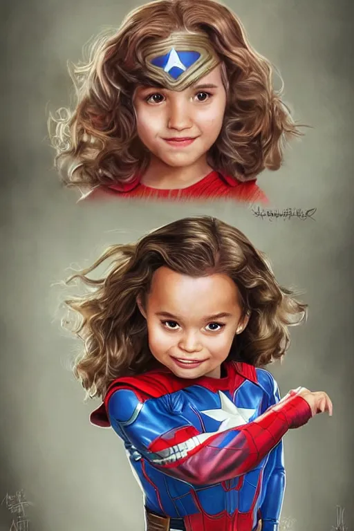 Image similar to a little girl with a mischievous face and light brown curly wavy hair. she is dressed as captain america, spider - man, batman, captain marvel, a superhero. clean elegant painting, beautiful detailed face. by artgerm and steve ditko