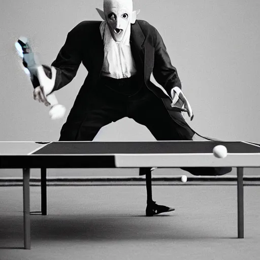 Image similar to portrait of nosferatu playing alone tennis table, sport photography