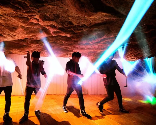 Image similar to neolithic cave gig, generic kpop boy band, lasers, light sabers, blaster pistols, smoke machine, cdx