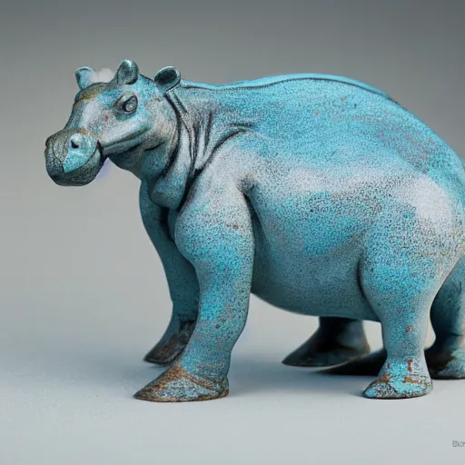 Image similar to small hippopotamus sculpture on a desk with bottom part and legs made out of wood and back and top part out of blue epoxy sculpture, mix, decorative small, 3 5 mm macro photography, studio