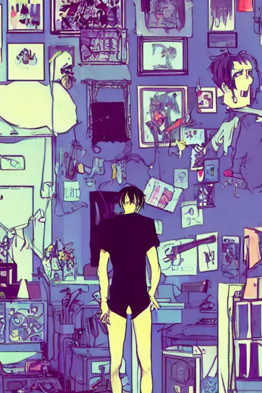 Image similar to a skinny goth guy standing in a cluttered 9 0 s bedroom, full body character concept art, vaporwave colors, hirohiko araki art, inio asano art,