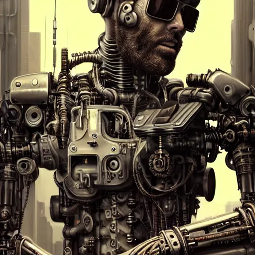 Prompt: ultra realist intricate detailed pin - up painting of a single rugged cyborg male, bearded face and cyborg tech on body and legs, symmetry accurate features, cyberpunk, industrial, apocalyptic, very intricate details, focus, high resolution, 8 k resolution, dramatic lighting, artstyle vincent di fate and alex ries, award winning