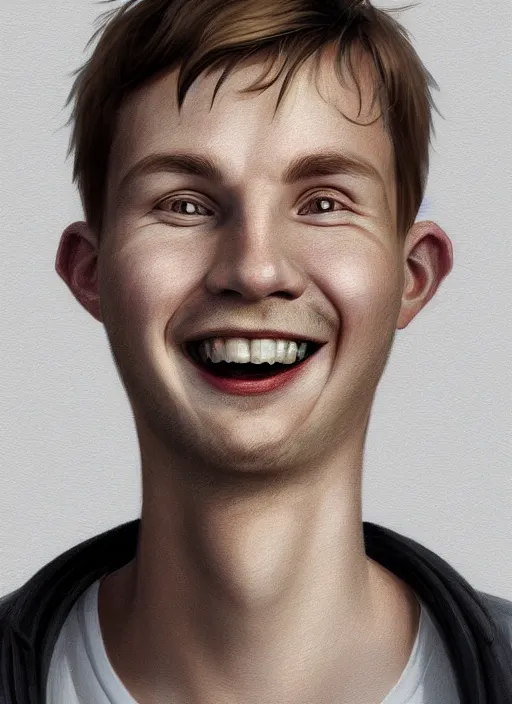 Prompt: portrait of a finnish young man with a spoon on top of his nose, big grin mouth barely closed, wrinkled eyes, wise forehead, big lips, sharp portruding chin, short youthful hair, white background with notes, youthful colours, thin sharp lines, digital painting, artstation, matte, sharp focus, illustration, realistic anime artstyle