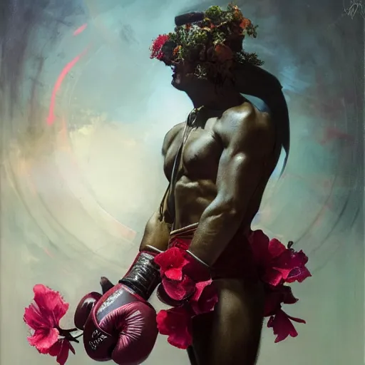 Prompt: handsome portrait of a young guy fitness posing, war hero, thin, wearing vibrant boxing gloves, surrounded by hibiscus flowers, mma, equipped with spartan bloodborne armor, radiant light, caustics, by gaston bussiere, bayard wu, greg rutkowski, giger, maxim verehin