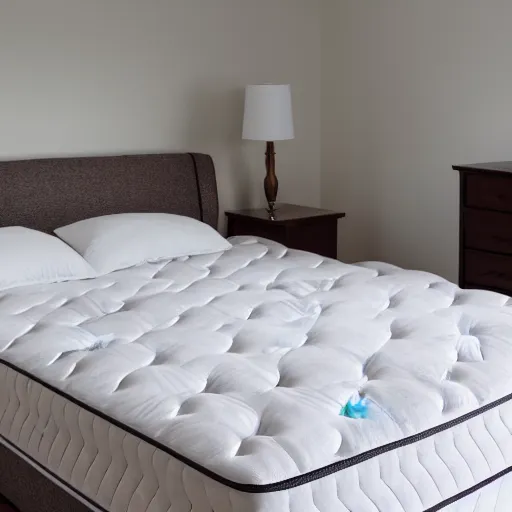 Prompt: Beautiful Photograph of a bedroom , a mattress stands against against the wall, wideshot, longshot, fullshot