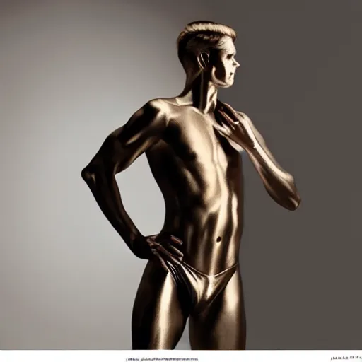 Image similar to a portrait beautiful athletic male holographic metal manequin, photographed by erwin olaf