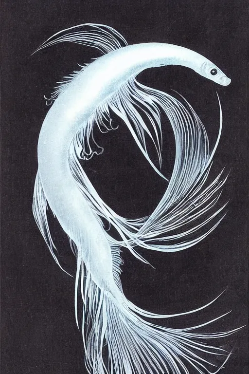 Prompt: a graceful iridescent white betta fish with long swirling fins, black-water-background, traditional Chinese painting, artstation, ernst-haeckel