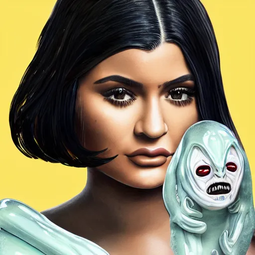 Image similar to kylie jenner held menacingly by an xenomorph, highly detailed, photorealistic, slime, saliva, artstation, smooth