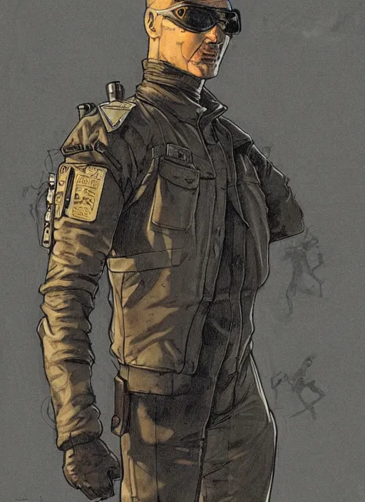 Image similar to menacing cyberpunk mercenary in military vest and jumpsuit. dystopian. portrait by stonehouse and mœbius and will eisner and gil elvgren and pixar. realistic proportions. cyberpunk 2 0 7 7, apex, blade runner 2 0 4 9 concept art. cel shading. attractive face. thick lines.